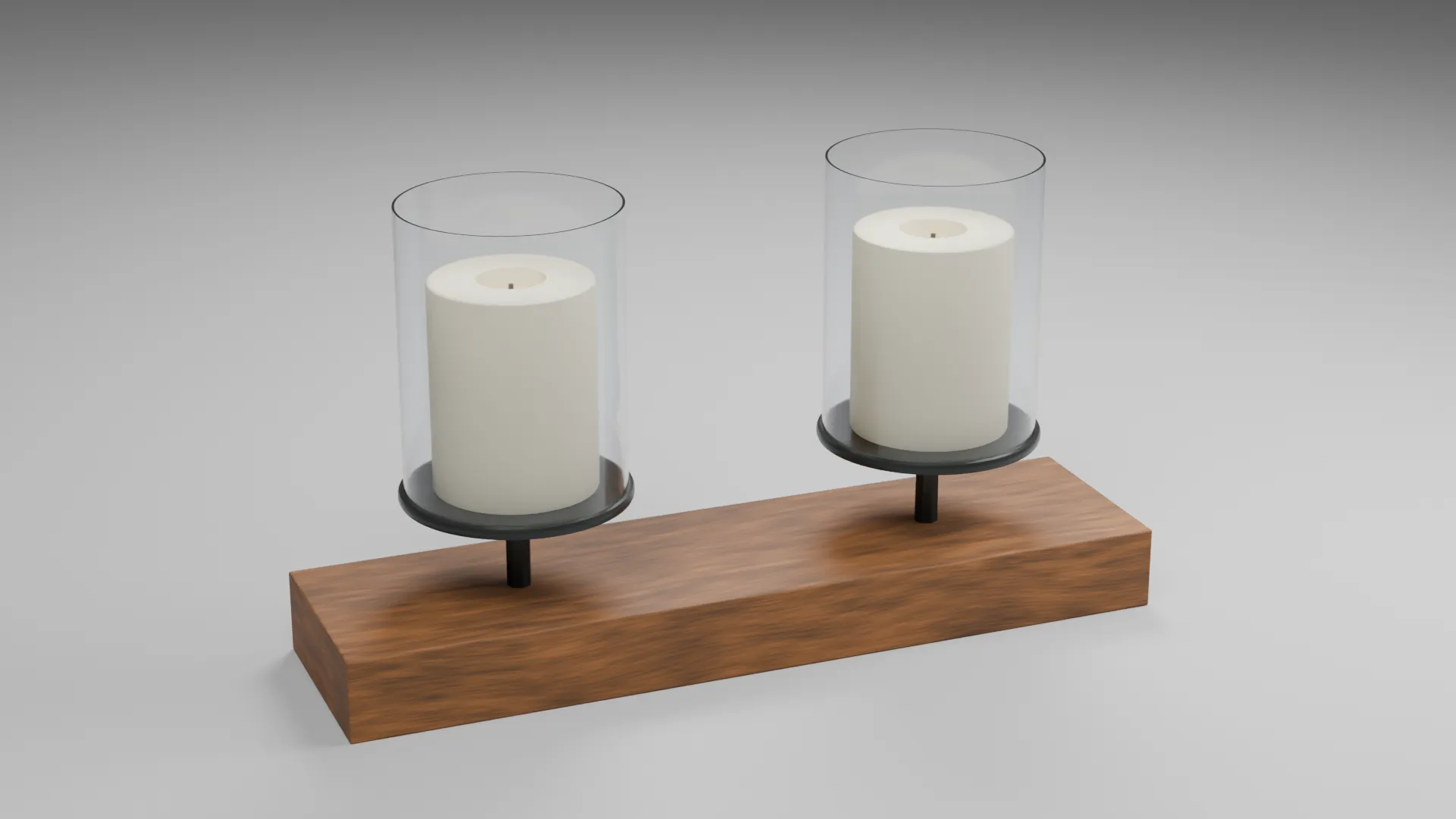 Twin Cream Candles in Glass Cylinders on Wooden Base Low-poly 3D model