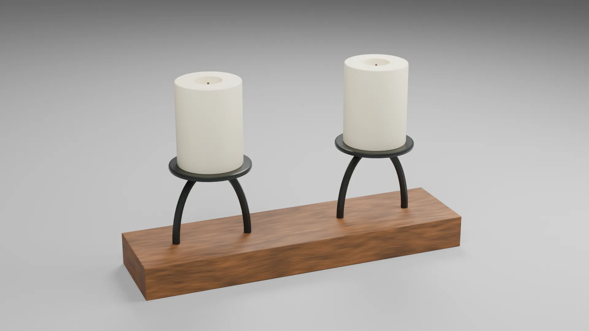 Twin Cream Candles on Arched Black Stands and Wooden Base Low-poly 3D model
