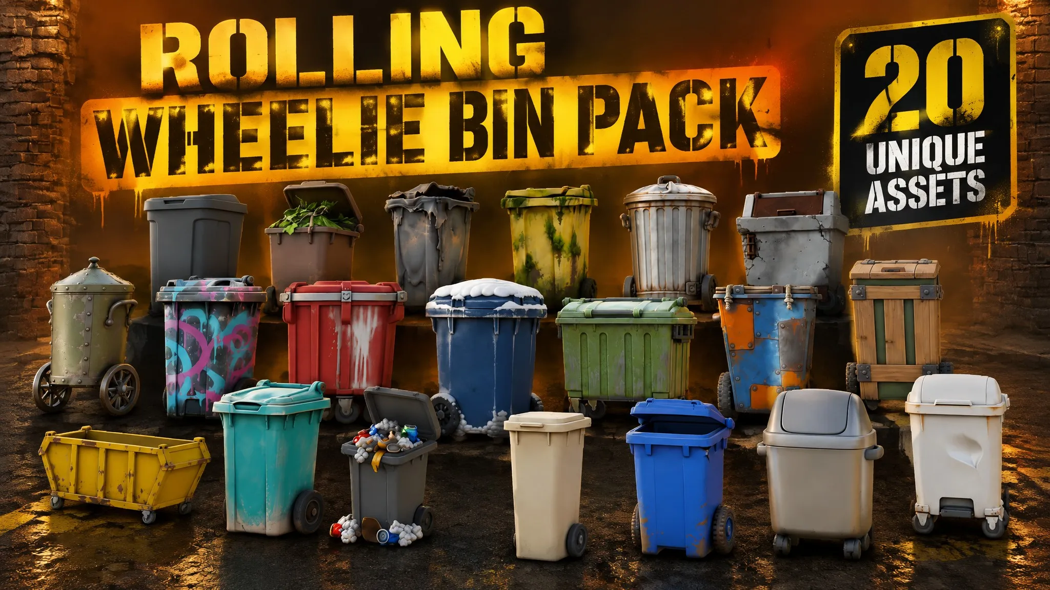 Rolling Wheelie Bin Pack Low-poly 3D model