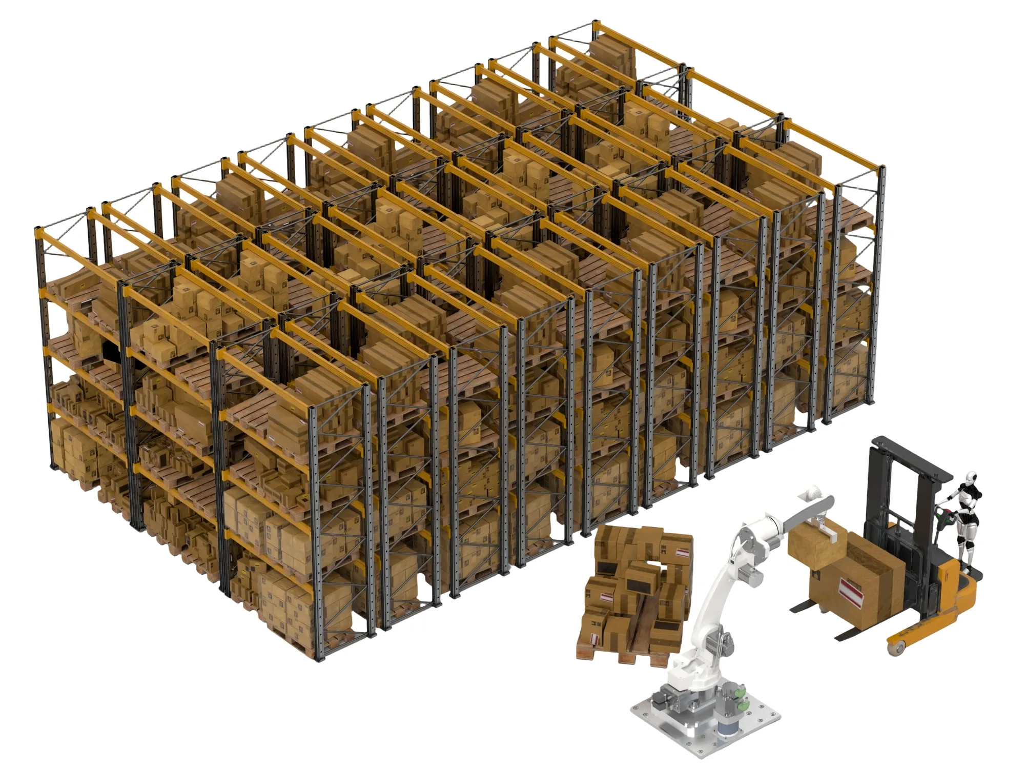 Warehouse Pallet Racking Forklift Robot And Cardboard Boxes Set 3D model