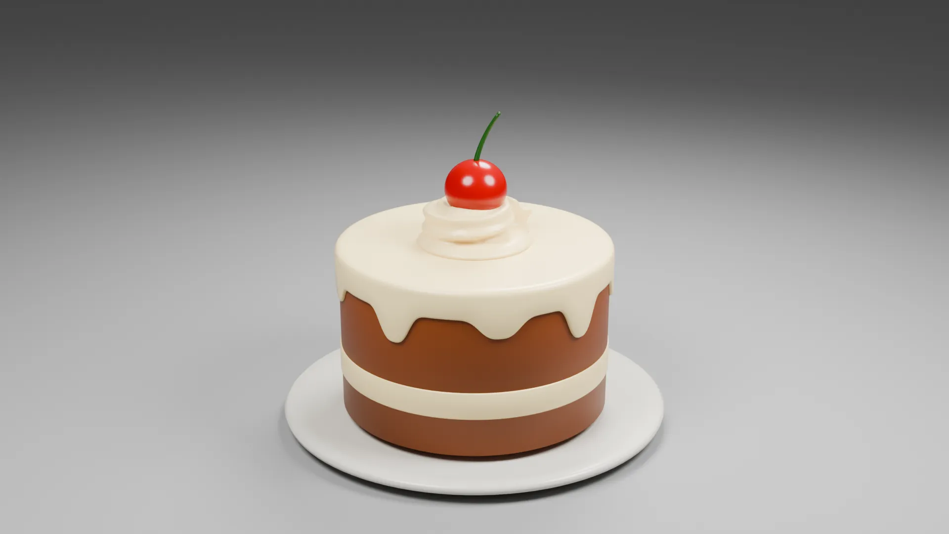Chocolate Layer Cake with White Drip Icing and Cherry Low-poly 3D model