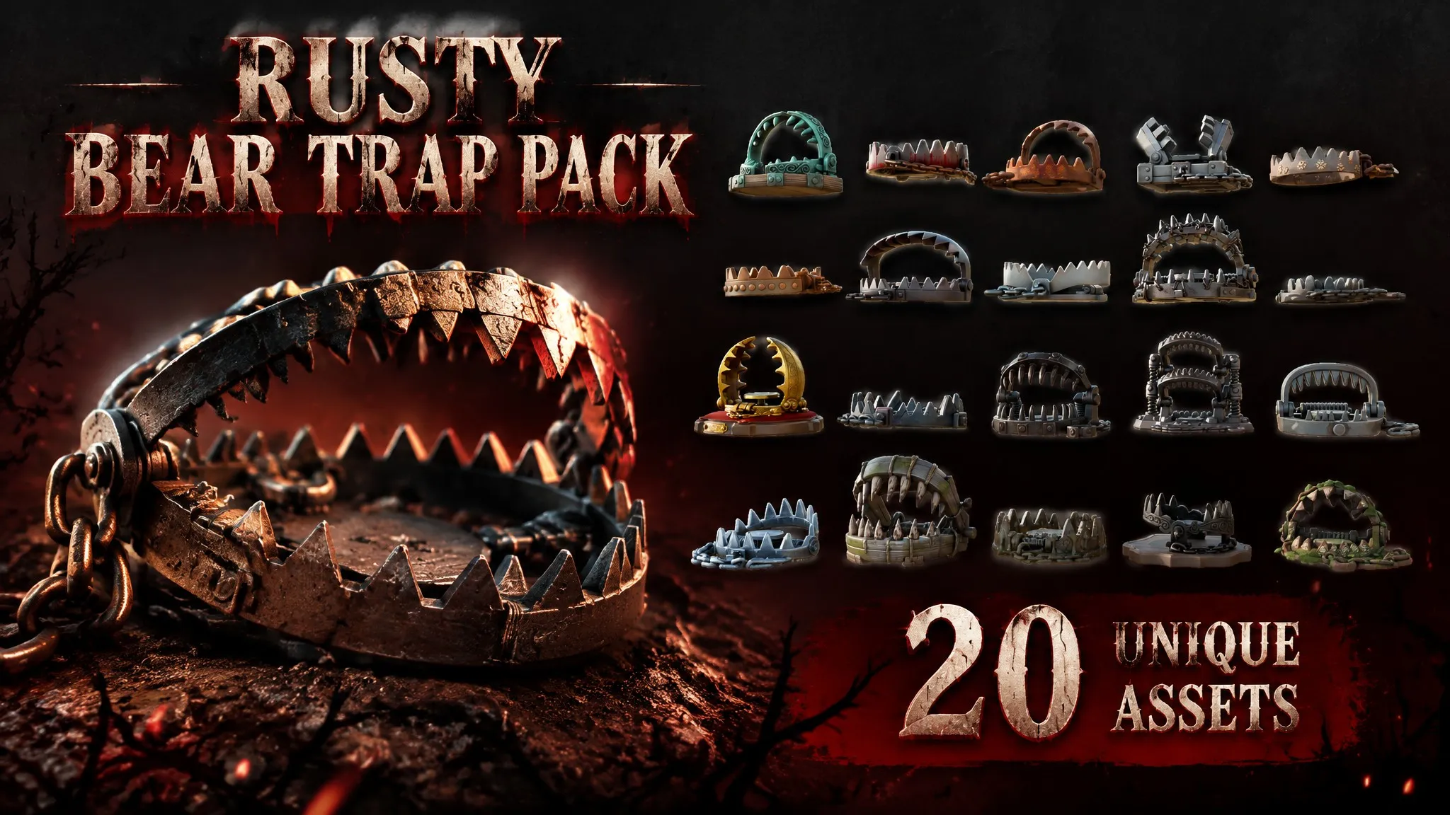 Rusty Bear Trap Pack Low-poly 3D model