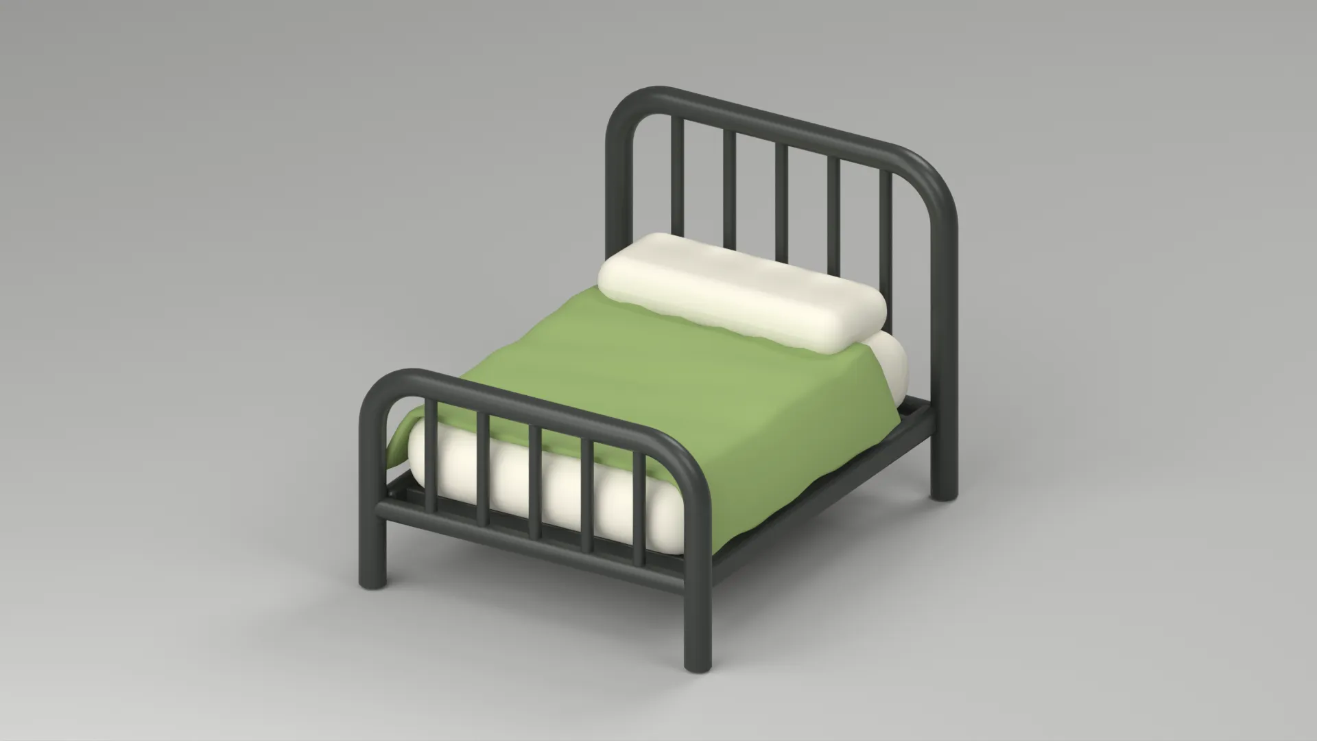 Black Metal Single Bed with Green Blanket and White Pillow Low-poly 3D model