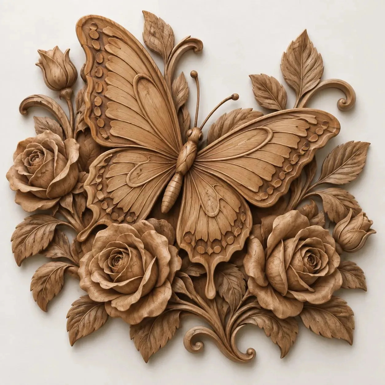 Wooden Butterfly and Rose Relief Wall Art Floral Nature Decor 3D print model