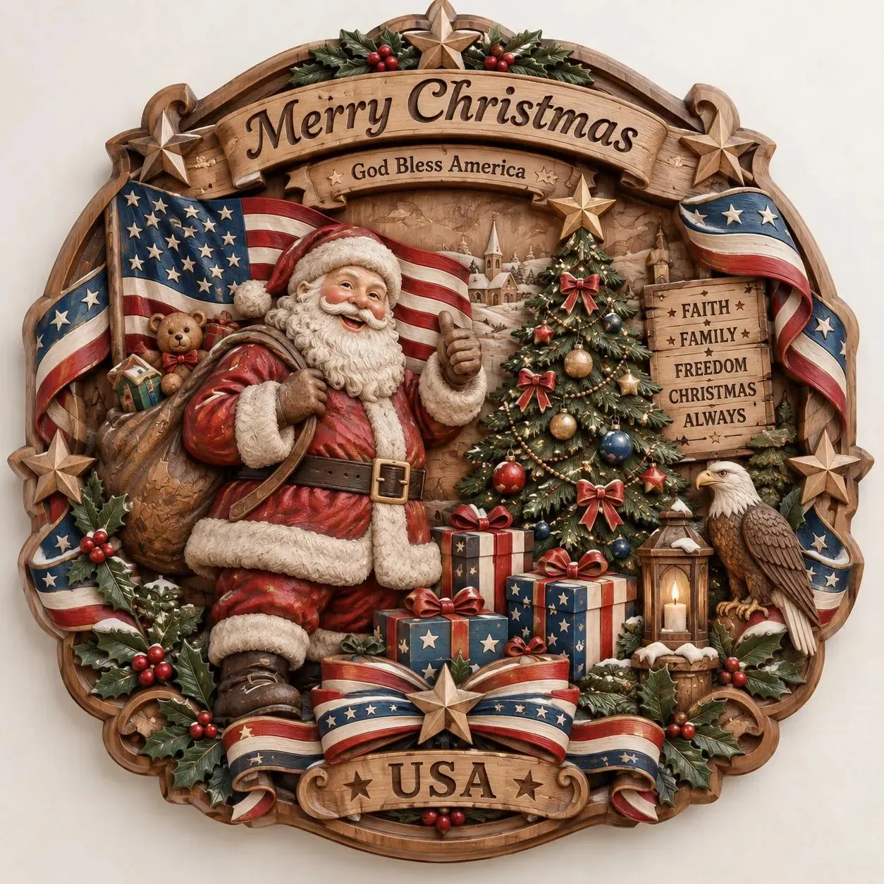 Santa Christmas USA Wooden Relief Wall Art Patriotic 3D print model