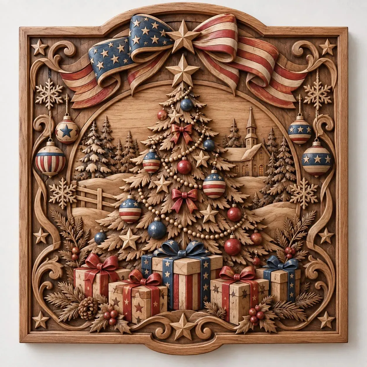 Patriotic Christmas Tree Wood Relief Wall Art USA Holiday 3D print model
