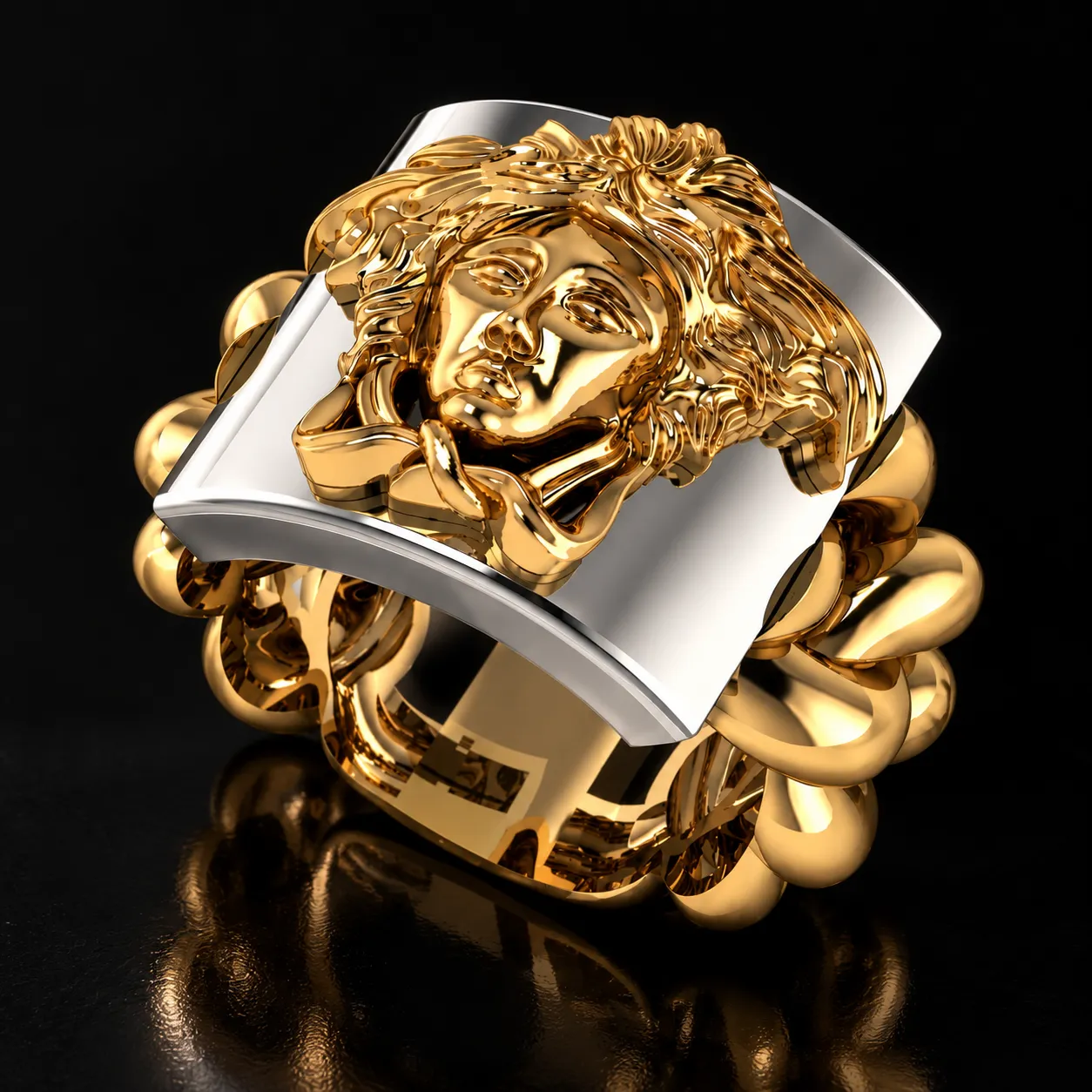 Luxury two-tone Medusa ring with Cuban chain 3D print model