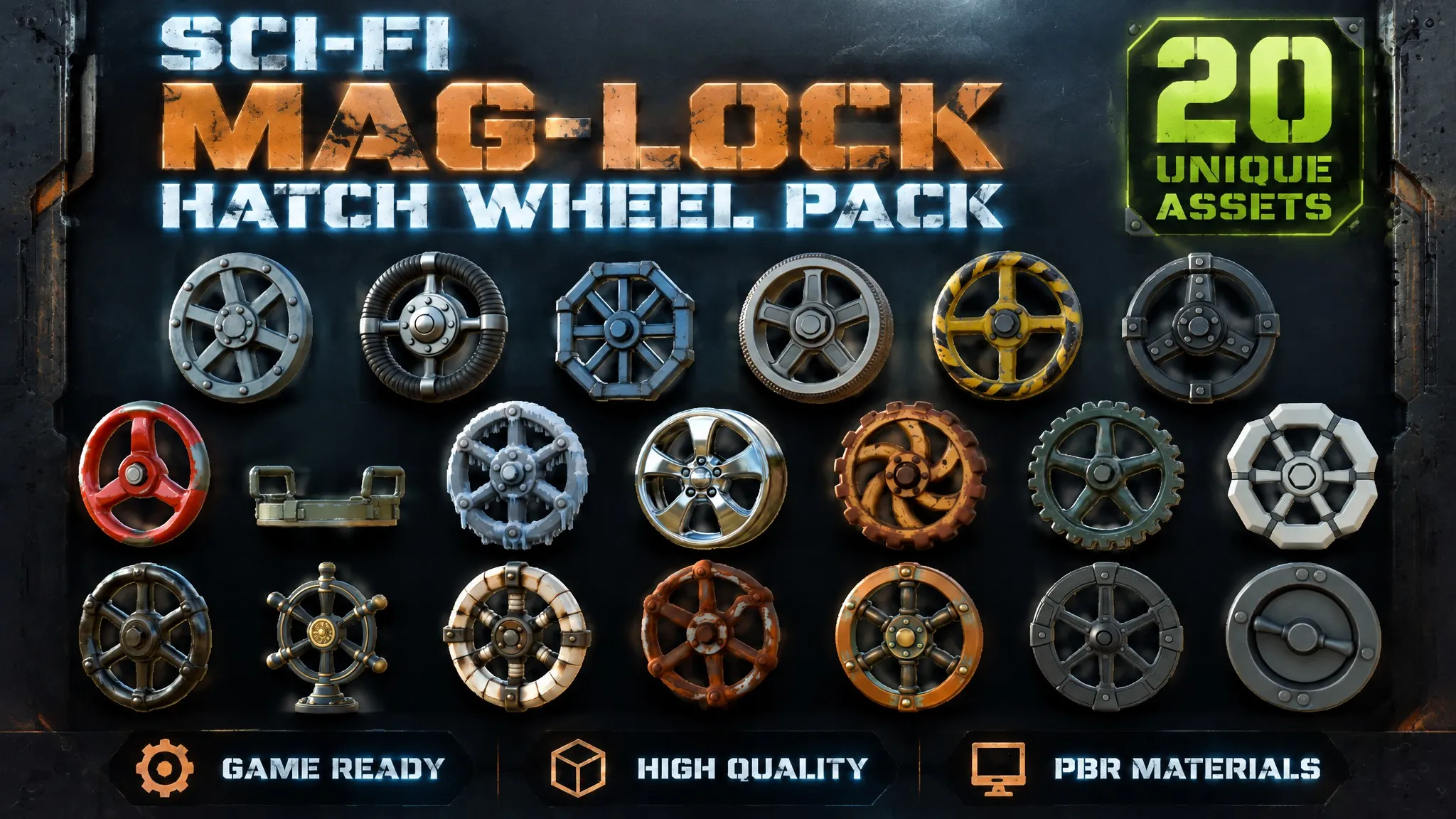 Sci-Fi Mag-Lock Hatch Wheel Pack Low-poly 3D model