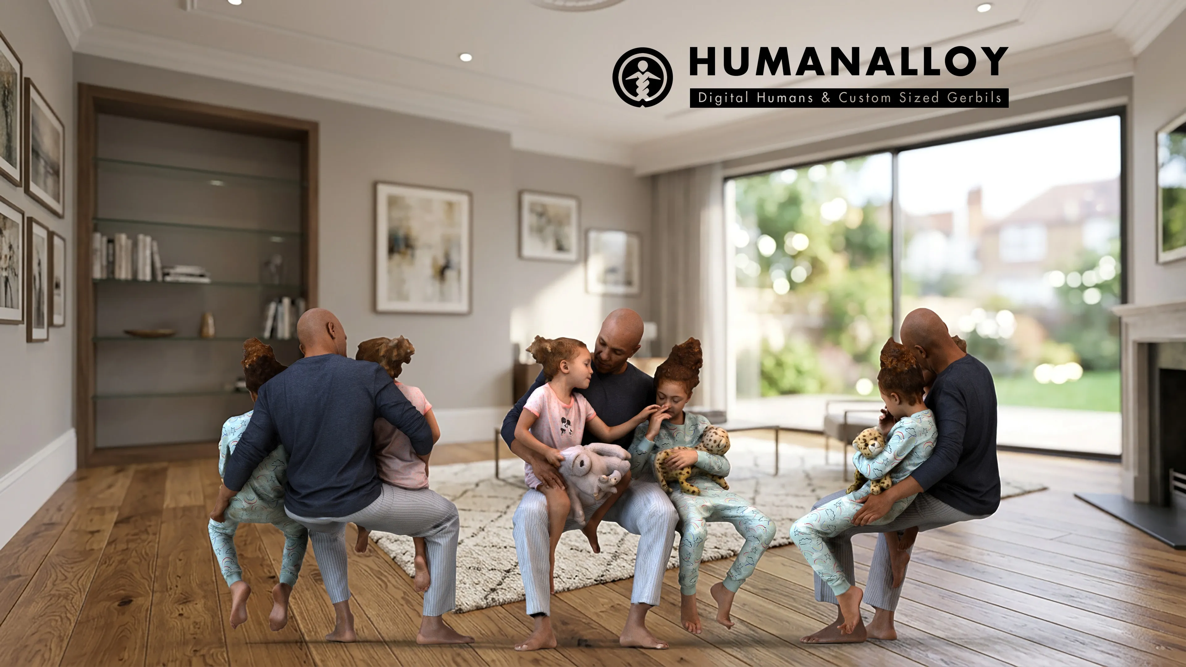 Adult Black man sitting casually with family in home environment 3D model