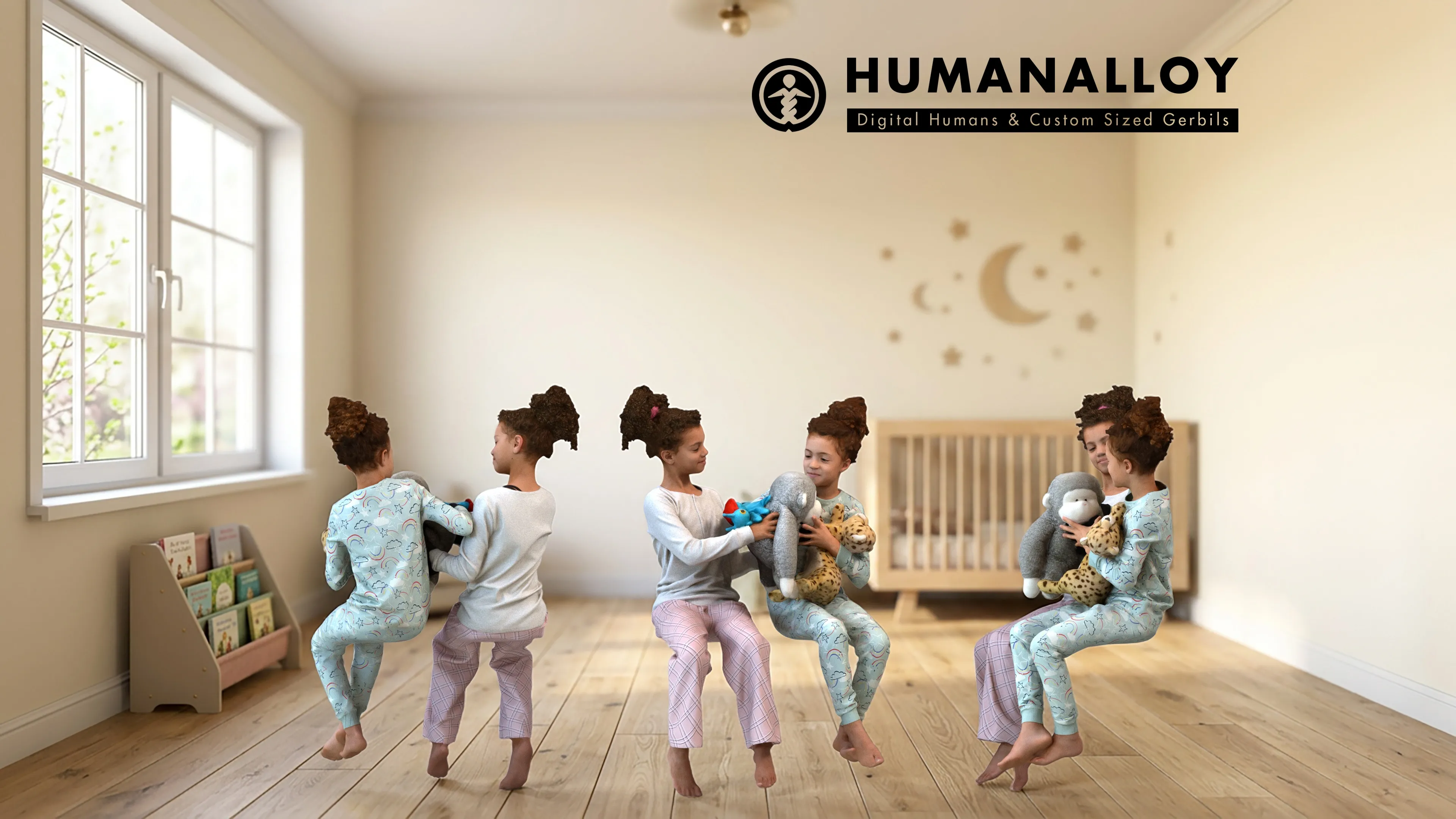 Young mixed-ethnicity girl sitting in pajamas with stuffed 3D model