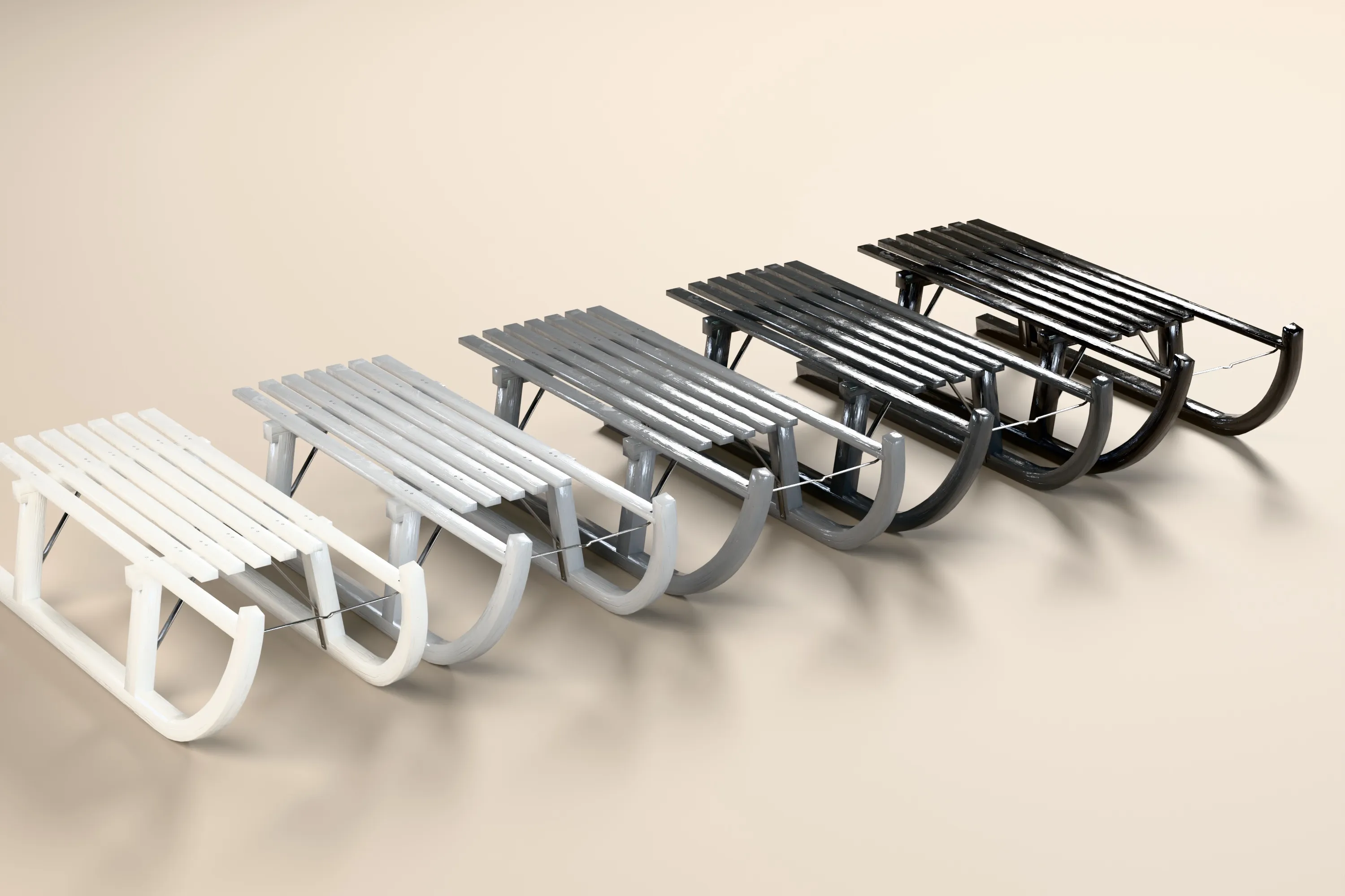 Wooden Sled White Grey And Black 5 Colours Clean And Worn PBR Low-poly 3D model