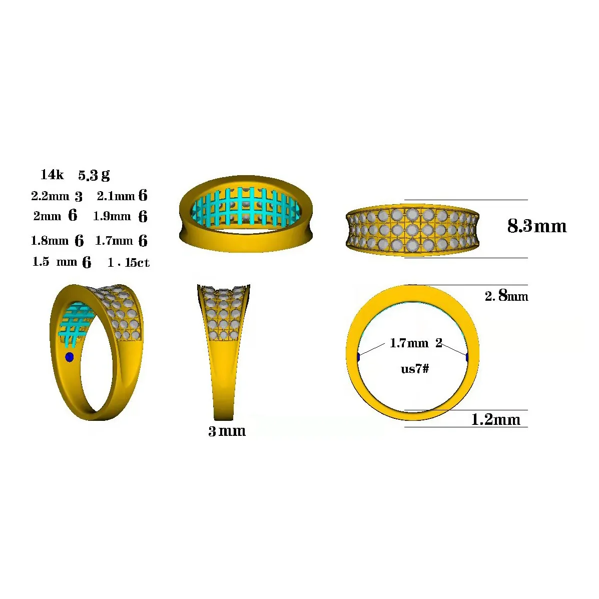 Concave Three Row Diamond Band CAD File JCD 3D print model