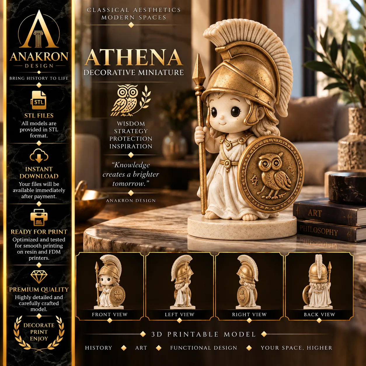 Athena Miniature STL Chibi Greek Wisdom Goddess Statue Figurine 3D print model
