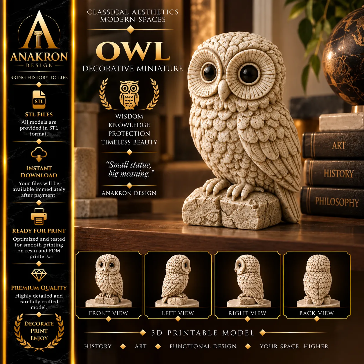 Owl Miniature STL Chibi Owl of Athena Wisdom Statue 3D print model