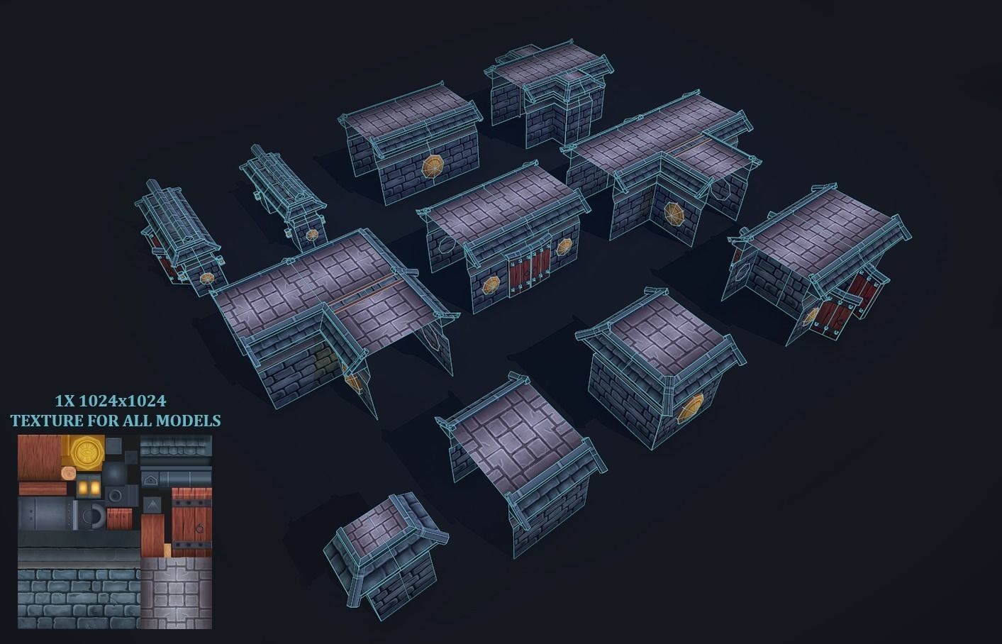 Modular Castle Wall Kit Low-poly 3D model_7