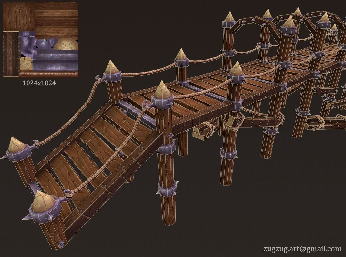 Big Wooden Bridge Low-poly 3D model_7