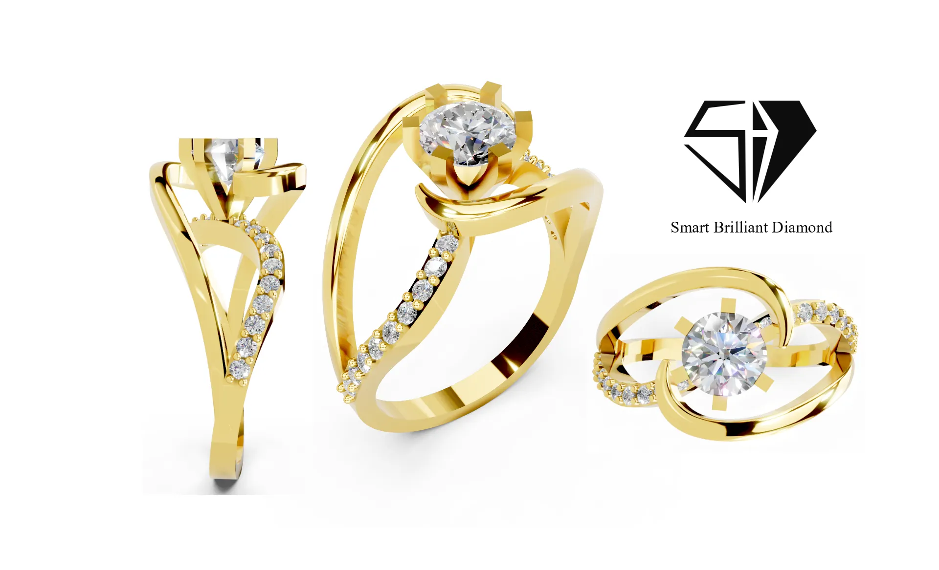wedding Gold Solitaire Ring with Twisted Bands sr0171 3D print model