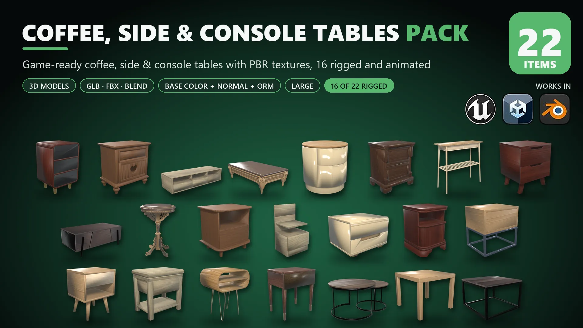Coffee Side and Console Tables Pack Large Low-poly 3D model