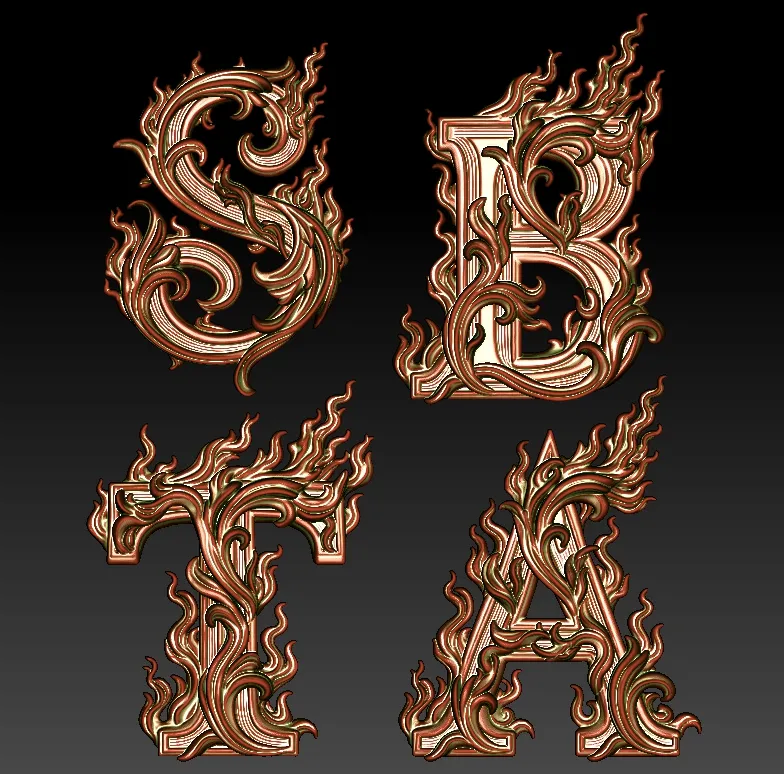Golden Flame Ornate Letters S B T A 3D print model