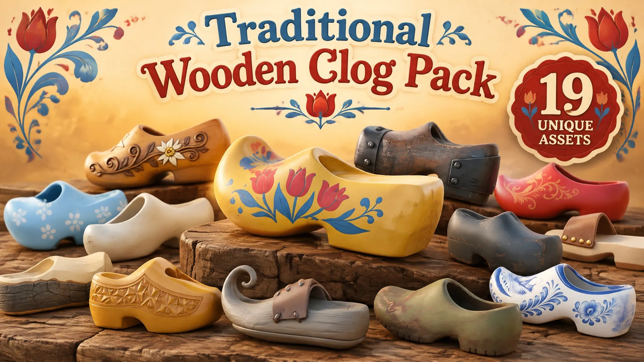 Traditional Wooden Clog Pack Low-poly 3D model