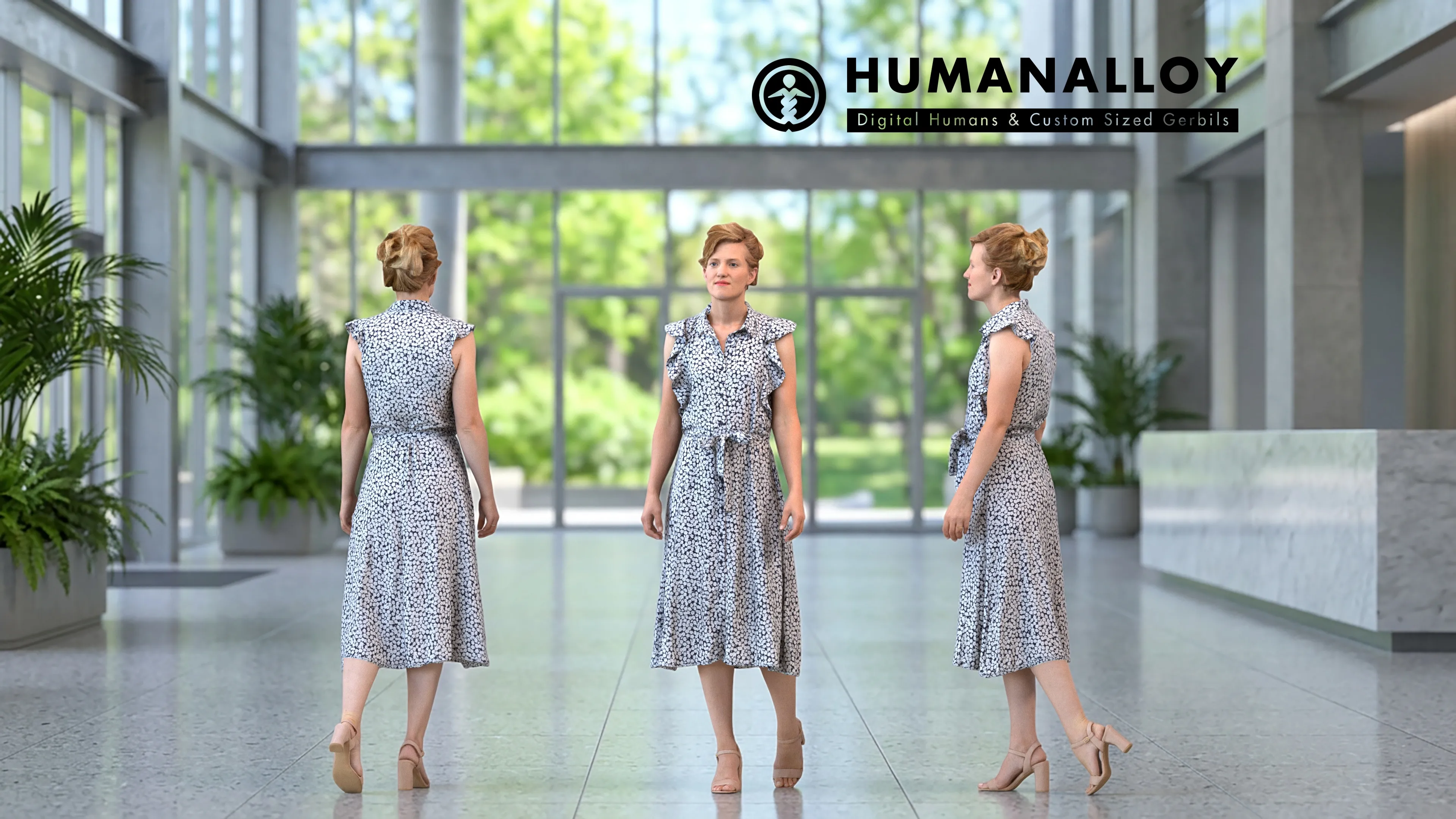Adult Caucasian woman walking through public space in 3D model