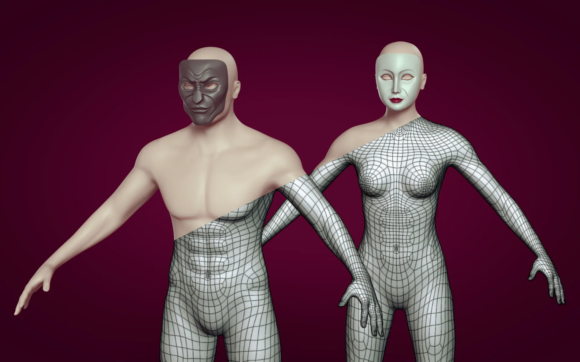 Rigged Characters - Man - Woman with Masks -- Base Mesh Low-poly 3D model