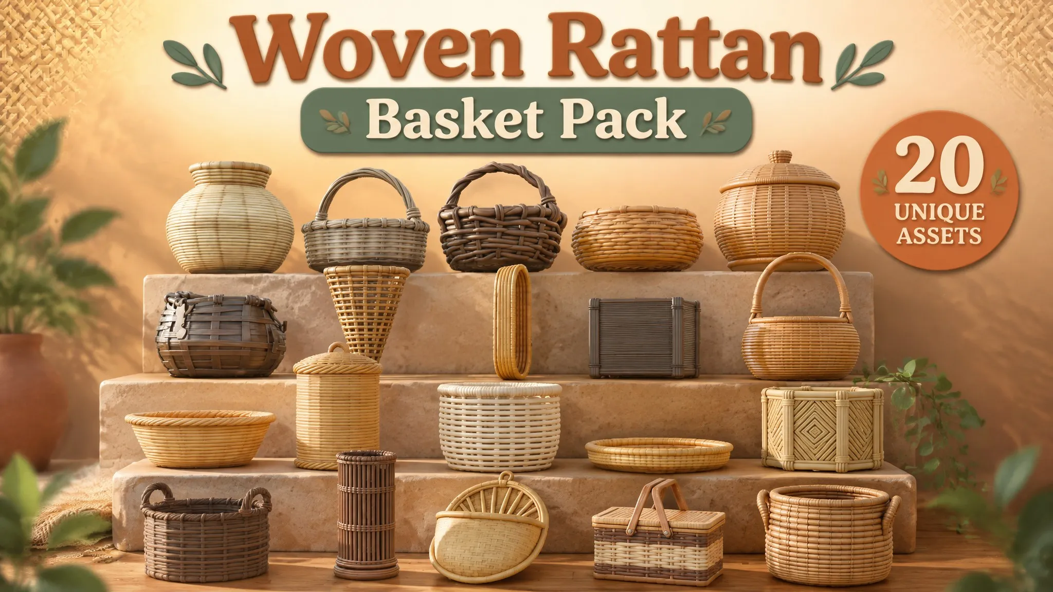 Woven Rattan Basket Pack Low-poly 3D model