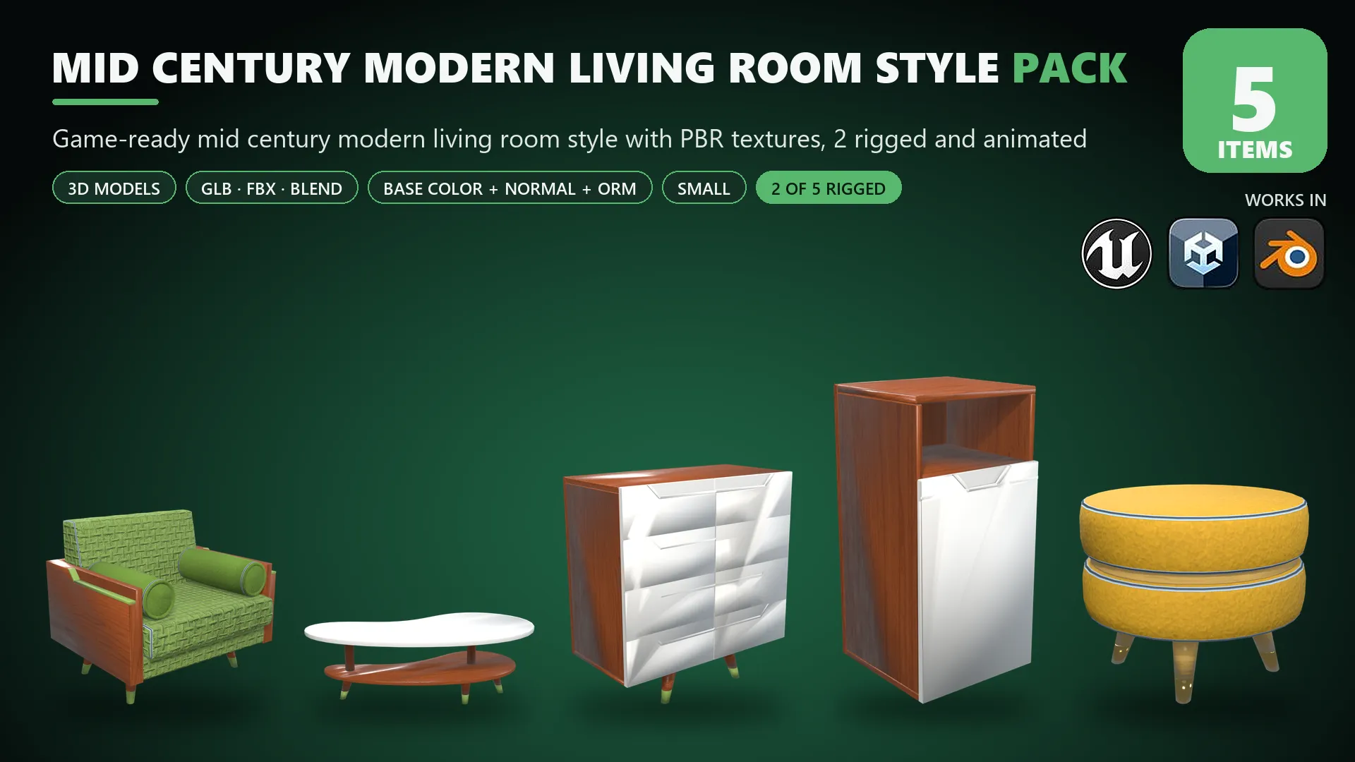 3D model Mid Century Modern Living Room Style Pack VR / AR / low-poly ...