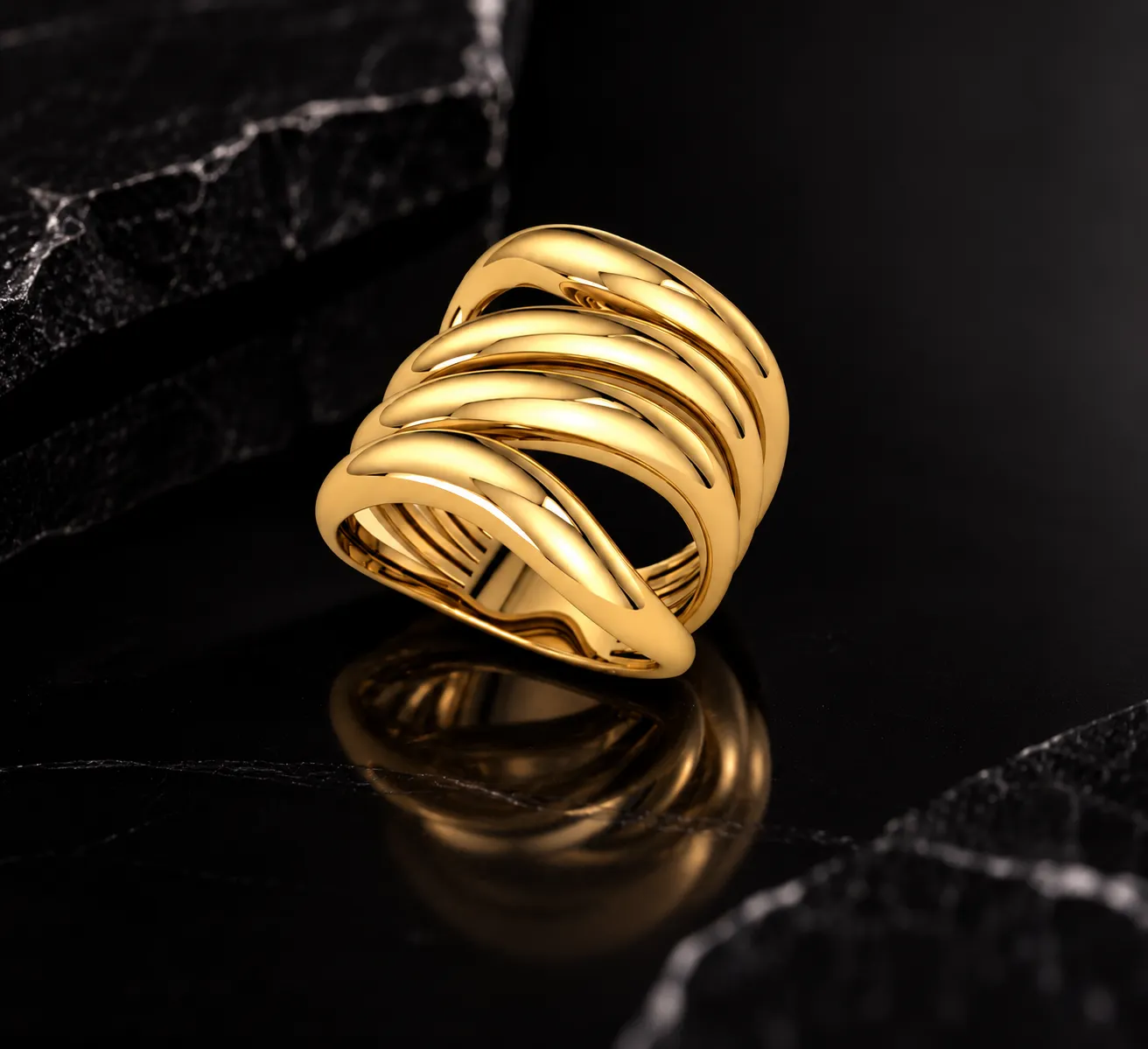 Luxurious multi-layered gold wavy ring 3D print model