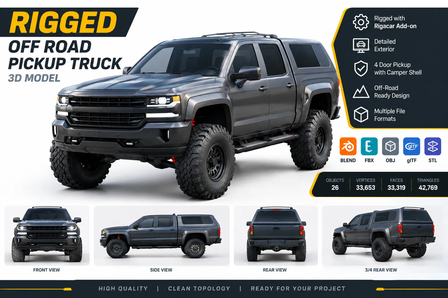 Rigged Off Road Pickup Truck 3D Model Low-poly 3D model