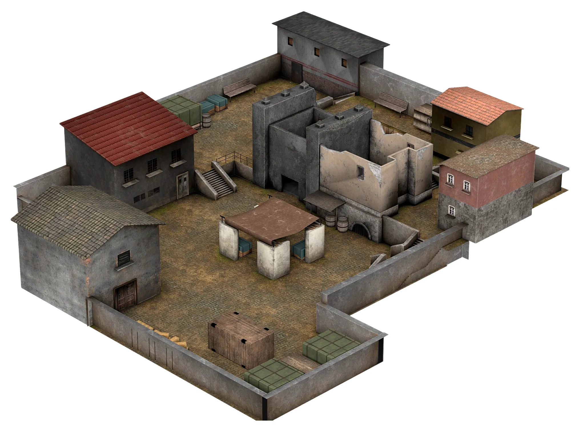 Walled Courtyard Building Compound Concrete Brick Diorama 3D model