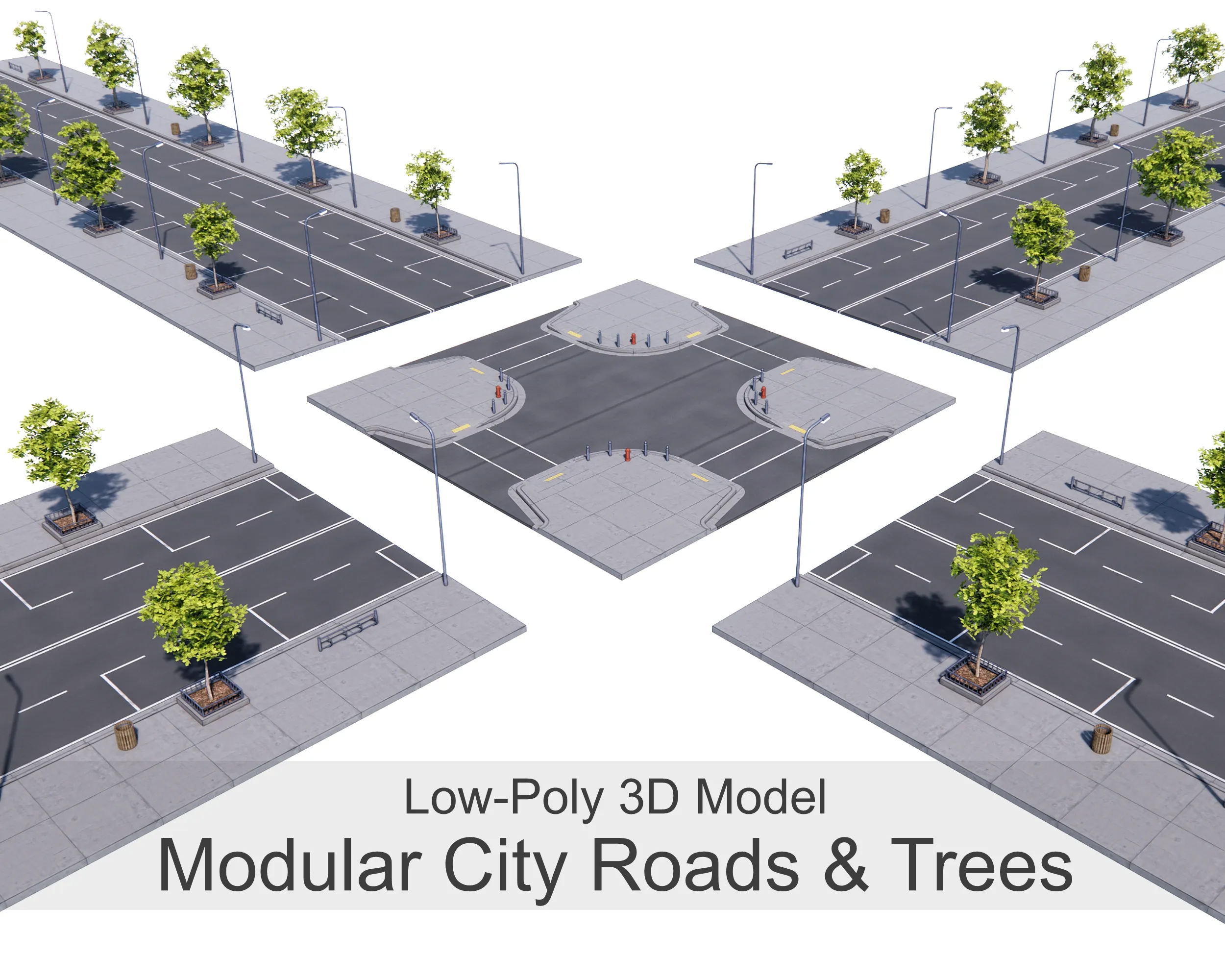 Modular City Roads and Trees Low-poly 3D model