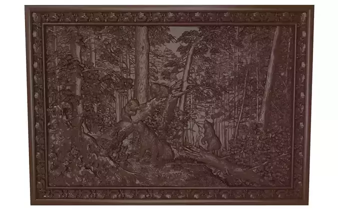 Morning in a Pine Forest bas relief Bears  3D print model