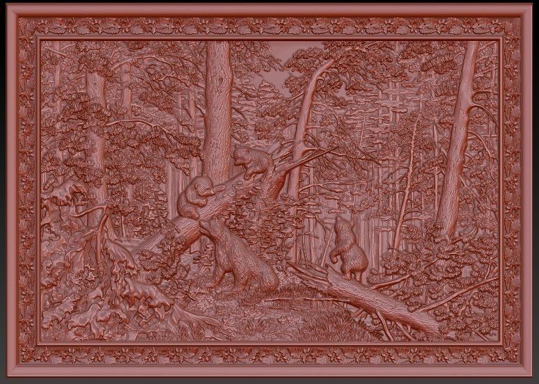 Morning in a Pine Forest bas relief Bears  3D print model_2