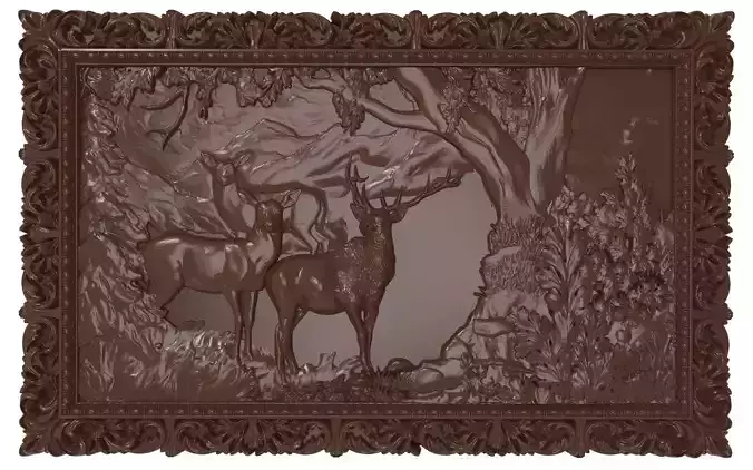 Deers on lawn Bas relief for CNC