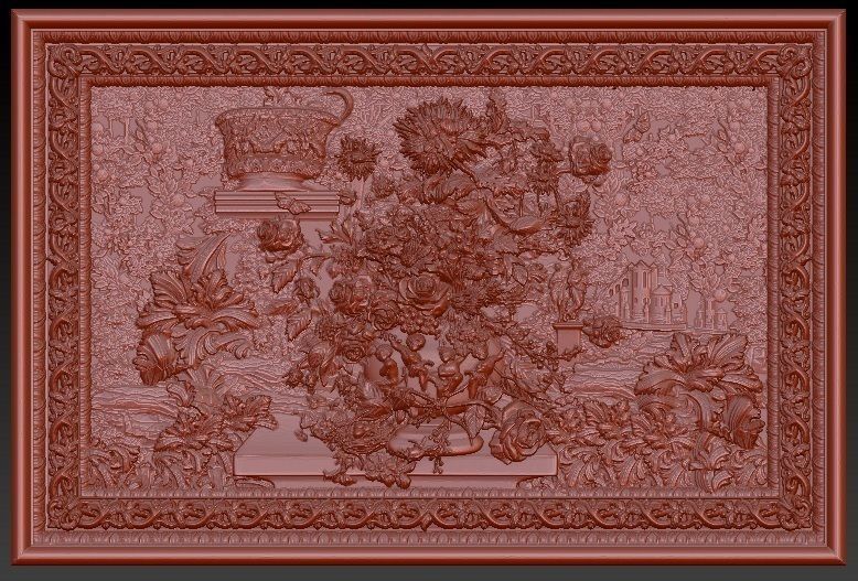 Flowers composition in the frame bas relief for CNC 3D print model_3