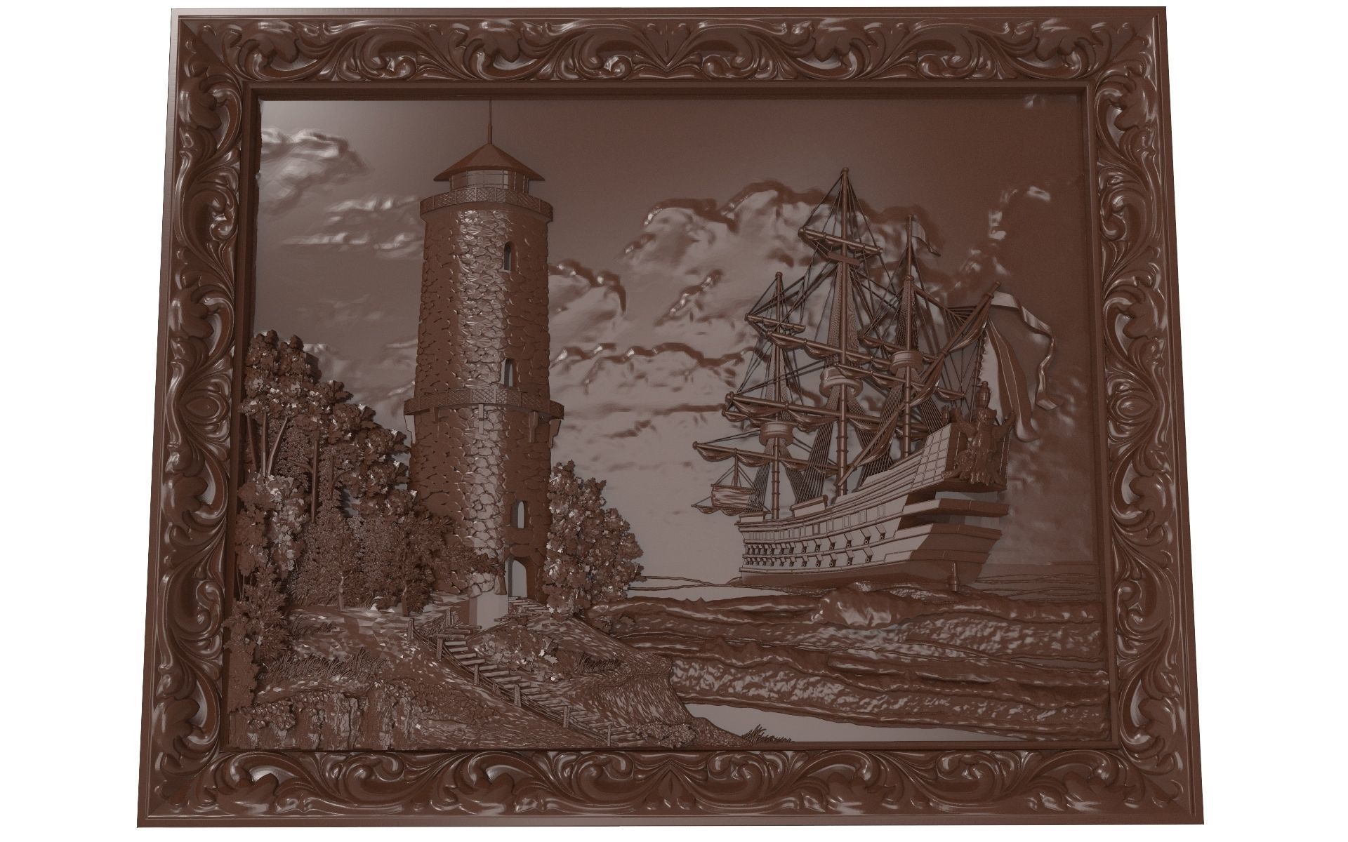 Lighthouse and sailboat bas relief for CNC 3D print model_1