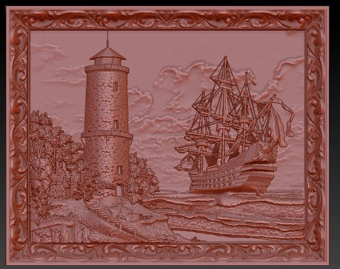 Lighthouse and sailboat bas relief for CNC 3D print model_2