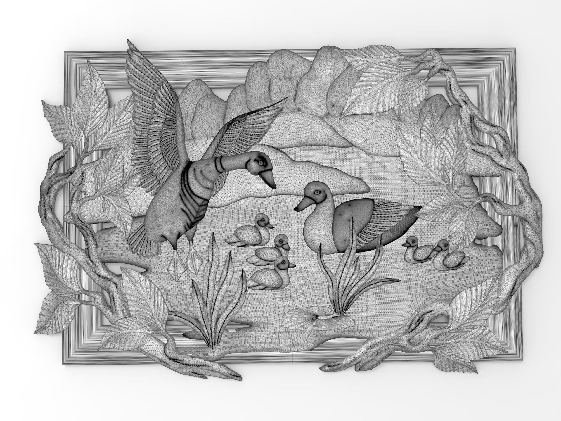 Geese on the pond bas relief for CNC 3D print model_2