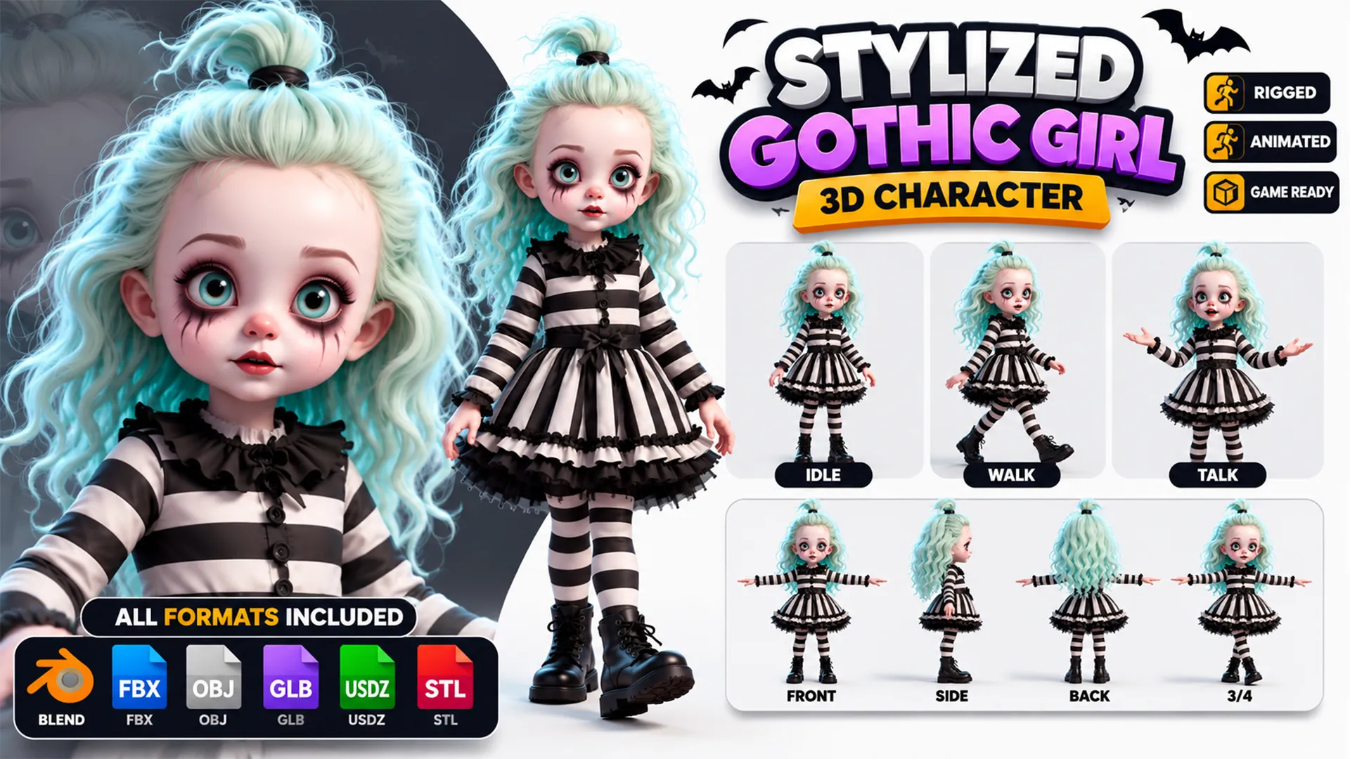3D model Spooky Halloween Girl 3D Character Gothic Witch with Animated ...
