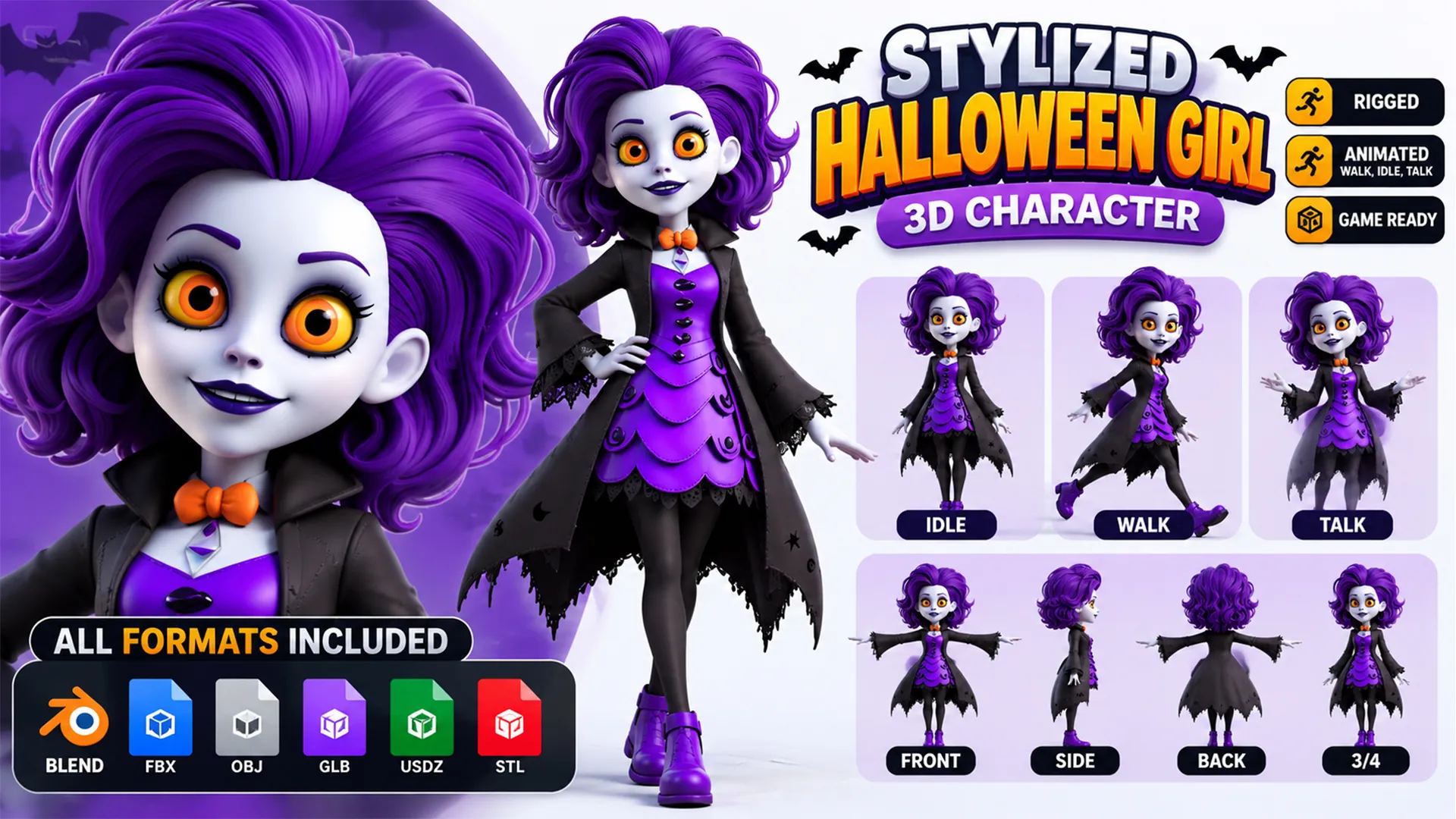 Character Rigging 3d 3D model Halloween Gothic Witch Girl 3D Character Rigged Animated VR ...