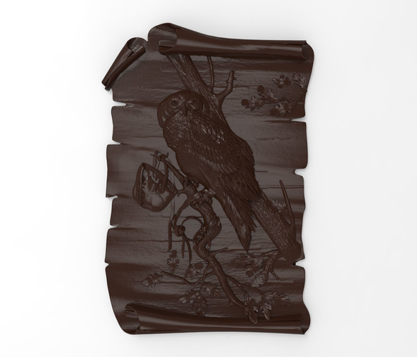 Owl on the branch bas relief for CNC