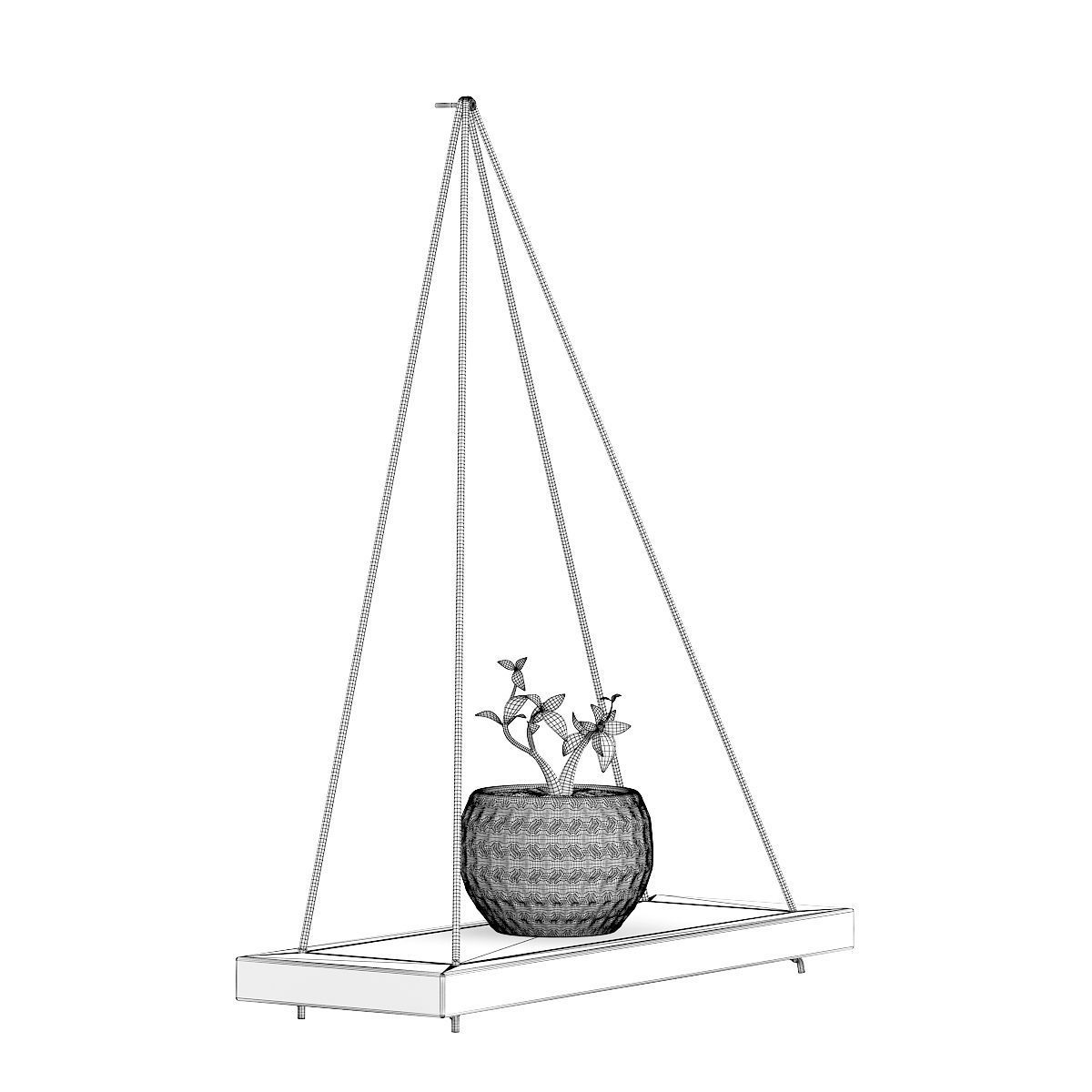 Wall Shelf on the Rope with Small Plant 3D model_4