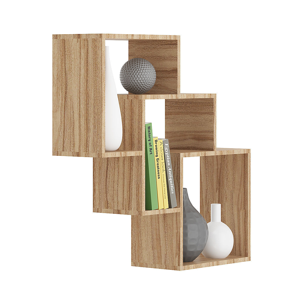 Wooden Wall Shelf with Books and Vases 3D model_1