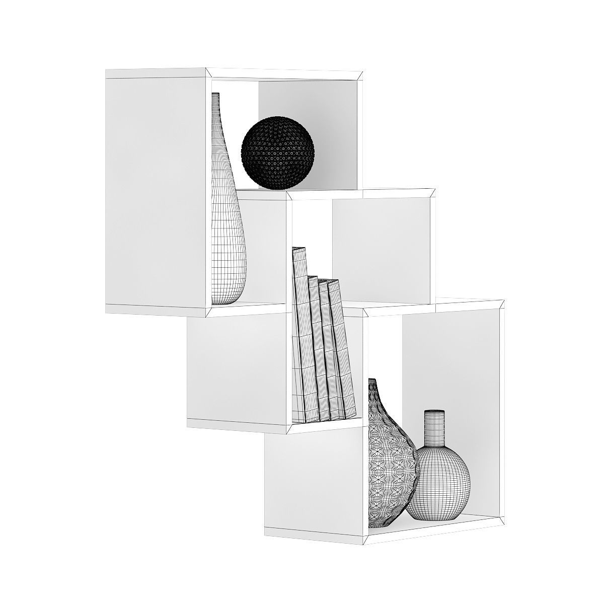 Wooden Wall Shelf with Books and Vases 3D model_4