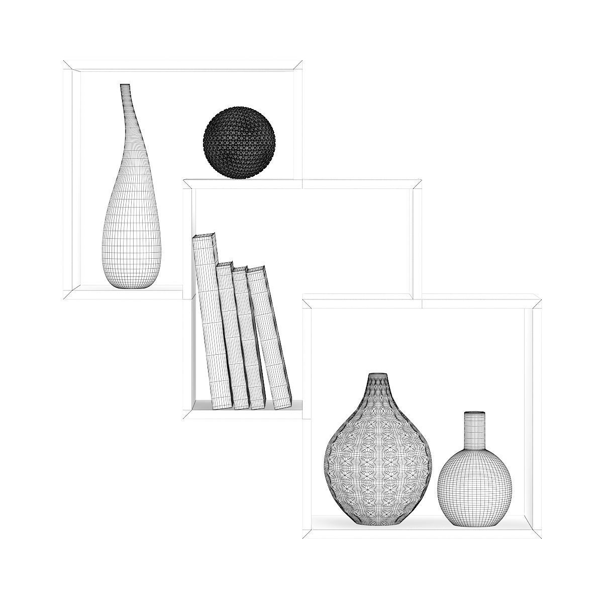 Wooden Wall Shelf with Books and Vases 3D model_3