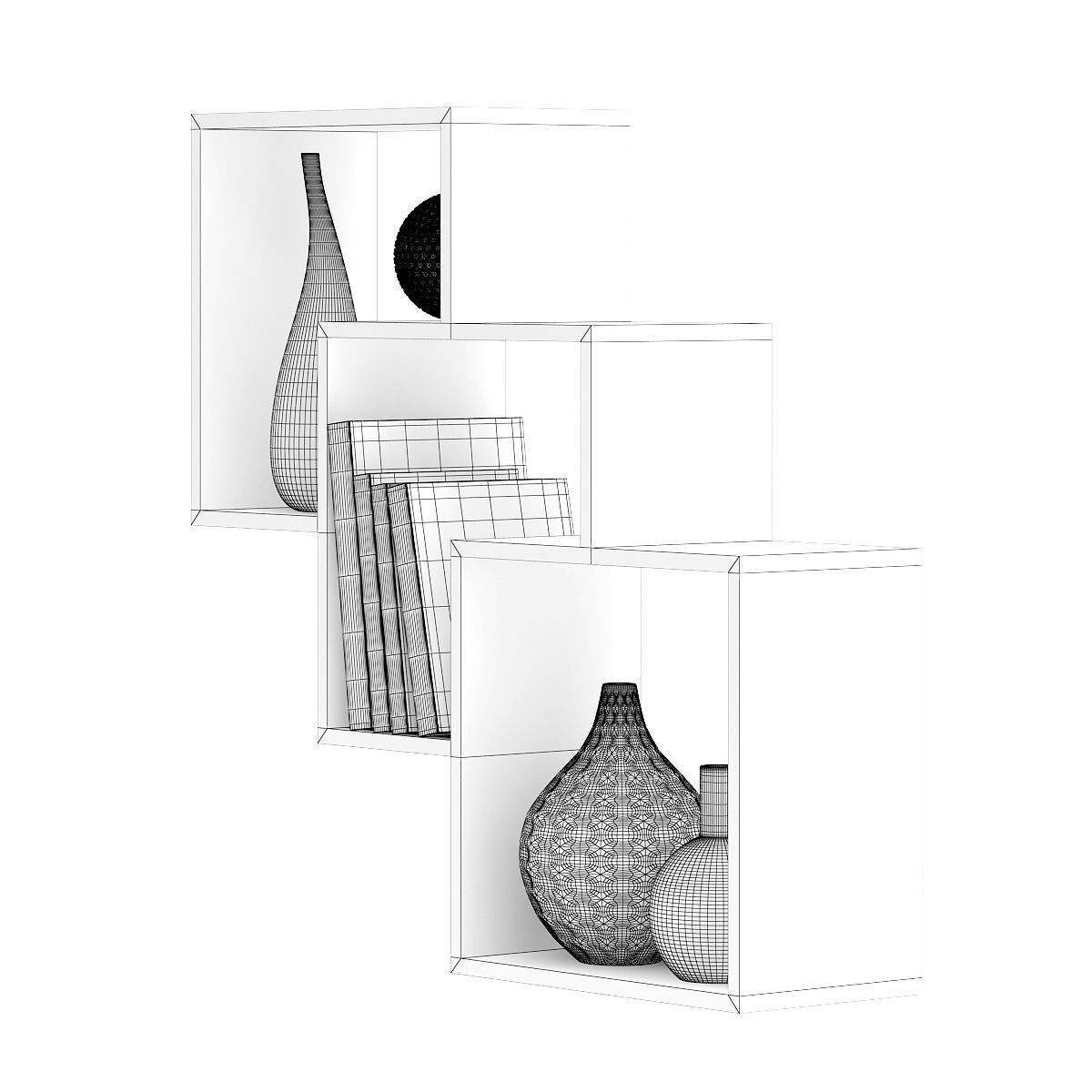 Wooden Wall Shelf with Books and Vases 3D model_5