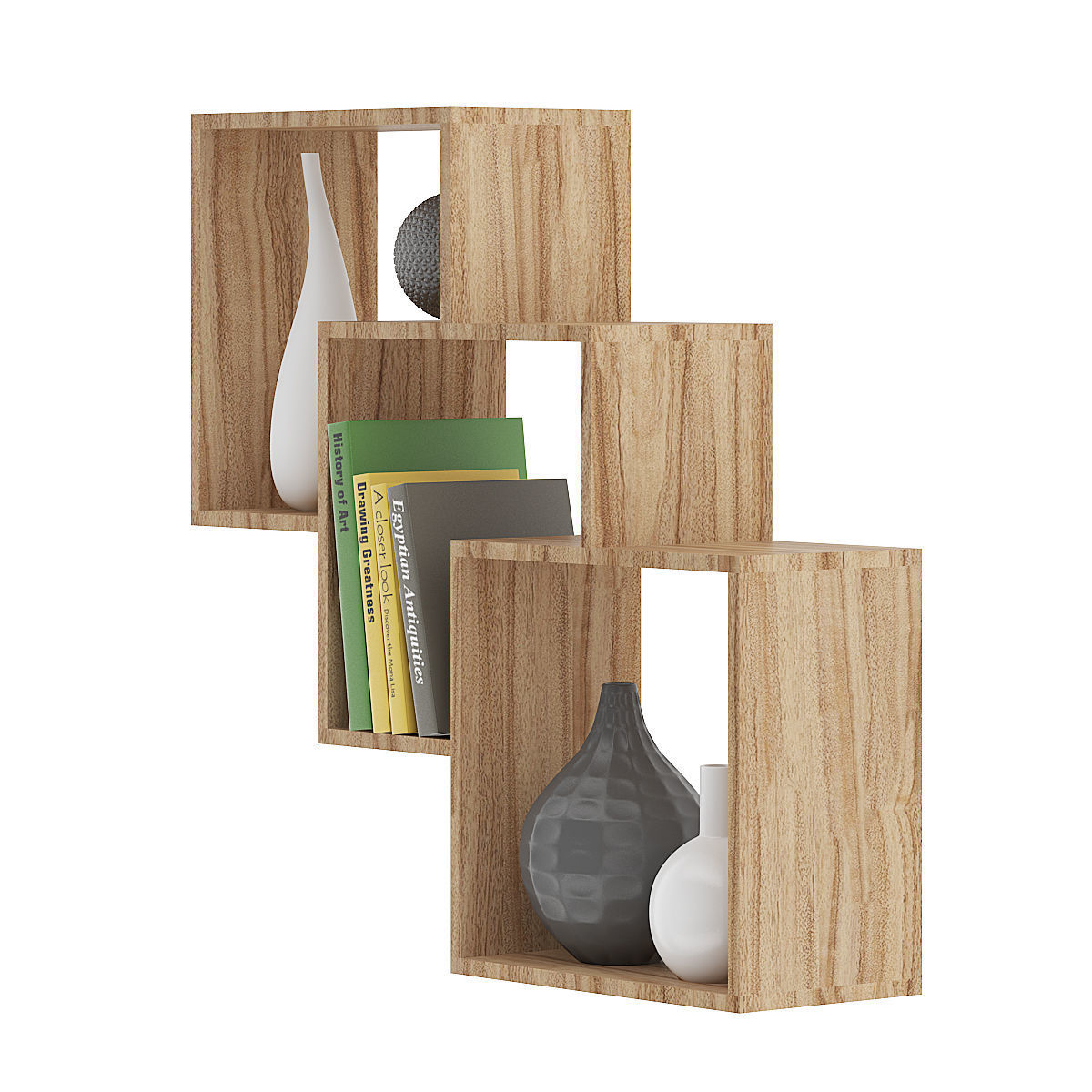 Wooden Wall Shelf with Books and Vases 3D model_2