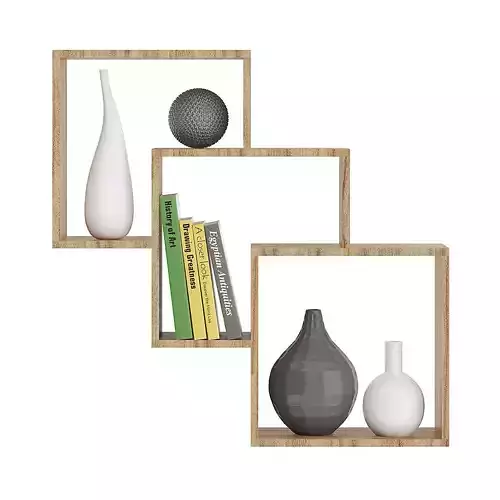 Wooden Wall Shelf with Books and Vases