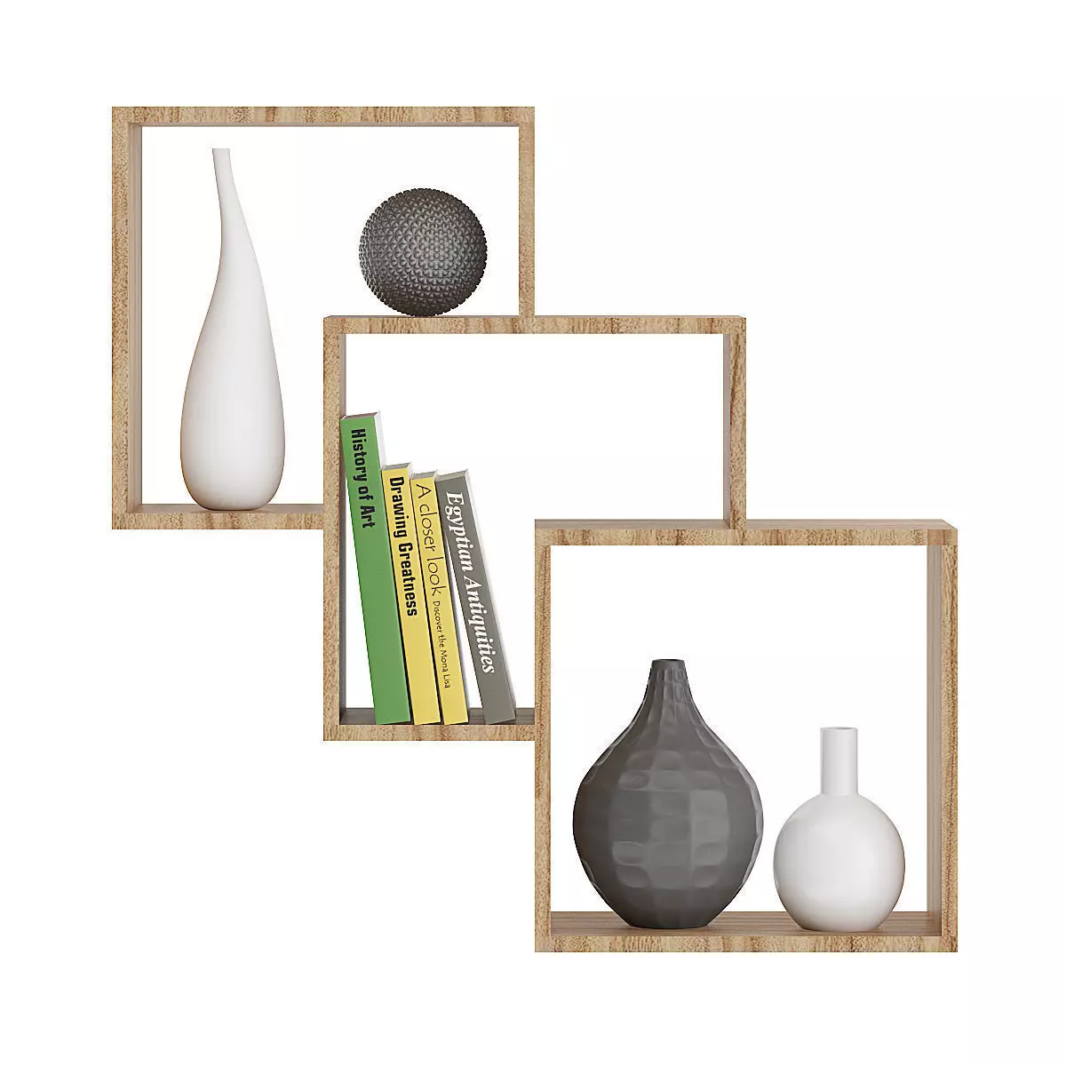 Wooden Wall Shelf with Books and Vases 3D model_0